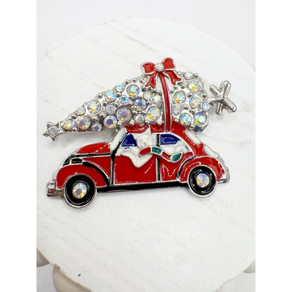 Christmas Brooch Pin Cat Driving Car Glittery Tree On Top Kitschy Winter VW Bug